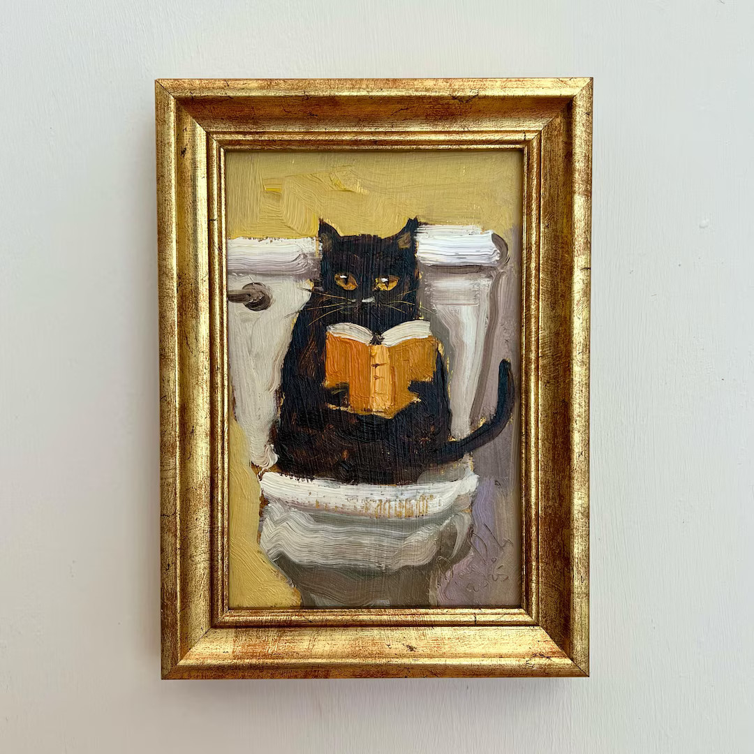 Black Cat is Reading a Book Oil Painting,fine Wall Art, the Cat on the Toilet, Fine Art 6x4”,mi... | Etsy (US)