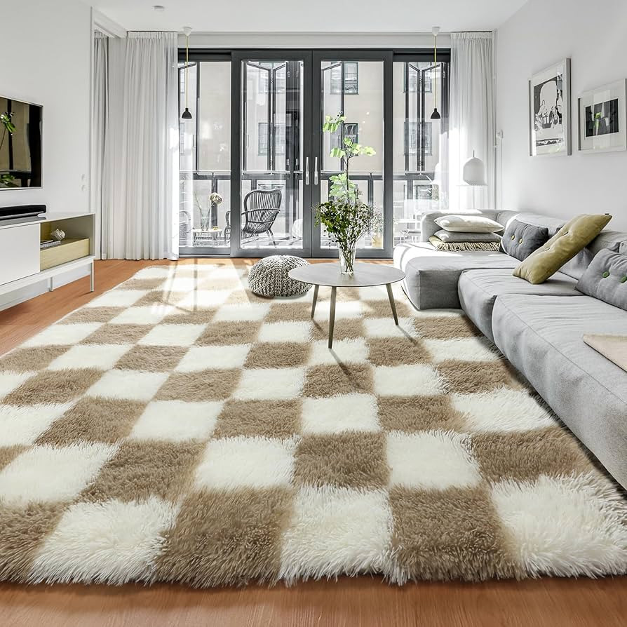 KICMOR 6x9 Rugs for Living Room Beige and Cream White, Large Big Fluffy Shag Fuzzy Checkered Area... | Amazon (US)