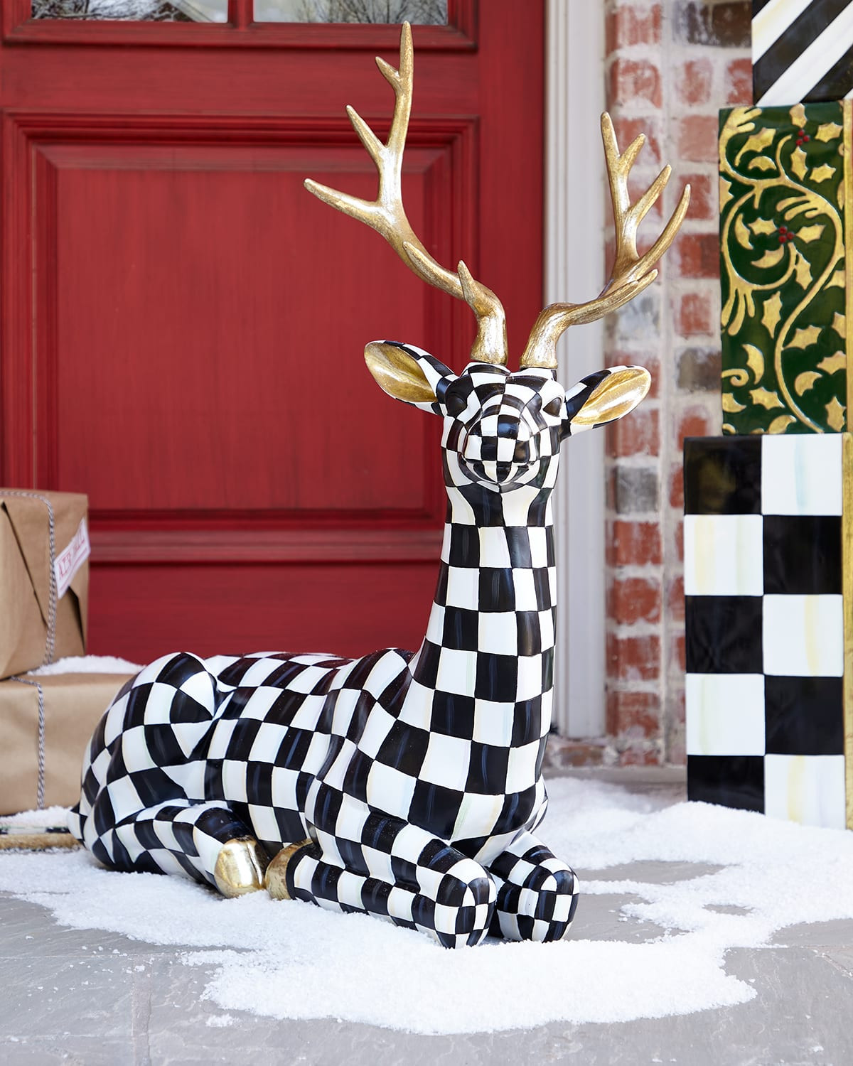 34" Courtly Check Outdoor Resting Deer | Neiman Marcus