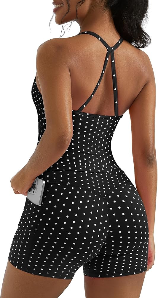 OMKAGI 2 Piece Workout Sets for Women Padded Sports Bra Tank Booty Gym Shorts with Pockets | Amazon (US)