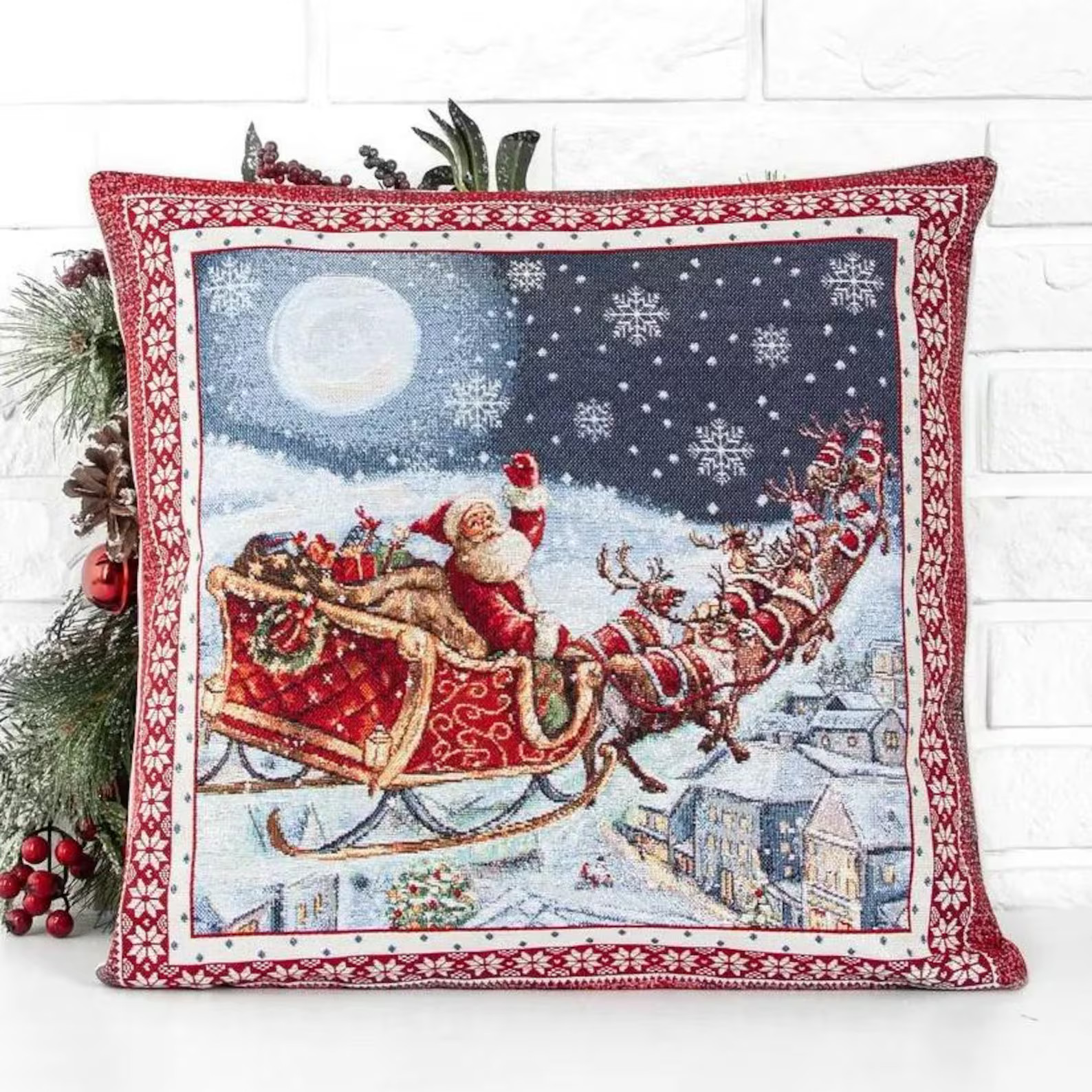 Tapestry Christmas Pillow Cover "santa's Workshop" With Lurex 45x45 Cm 18x18 In. Decorative Winte... | Etsy (US)