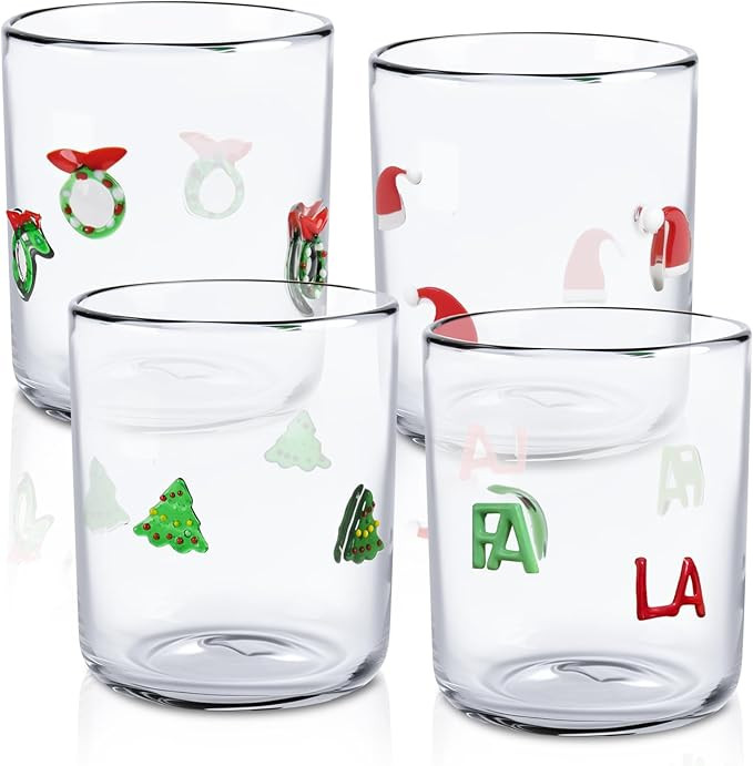 4 Pcs Christmas Icon Glass Cups Set - 14 oz Santa Hat Xmas Wreath Christmas Tree & FA LA Stemless... | Amazon (US)
