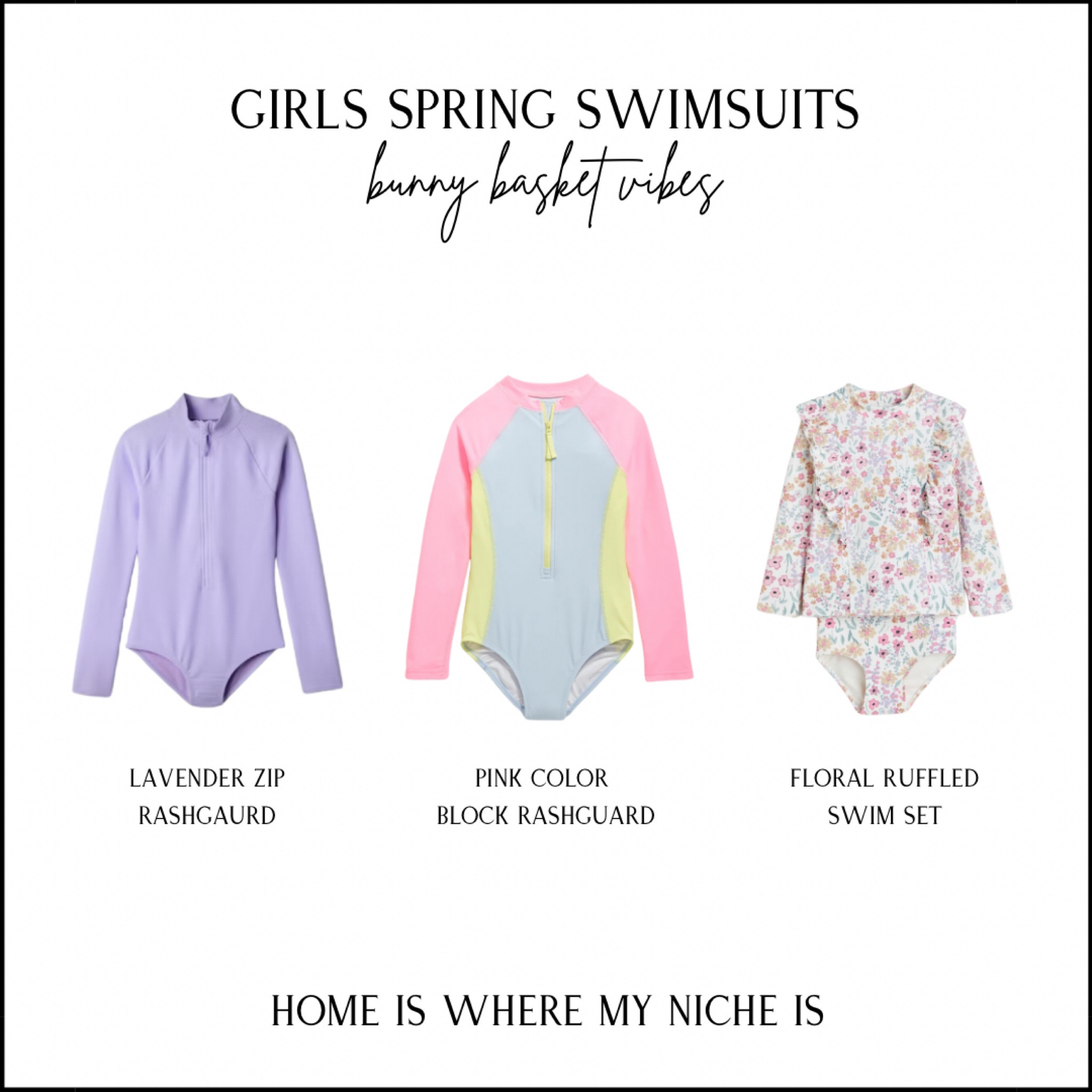 Girls Spring Swimsuits
giving 🤌🏻 bunny basket vibes 🐰🧺
+ lavender zip rashguard
+ pink color block rashguard
+ floral ruffled swim set

Easter | Canada | Girls Gifts

#LTKswim #LTKkids #LTKsalealert
