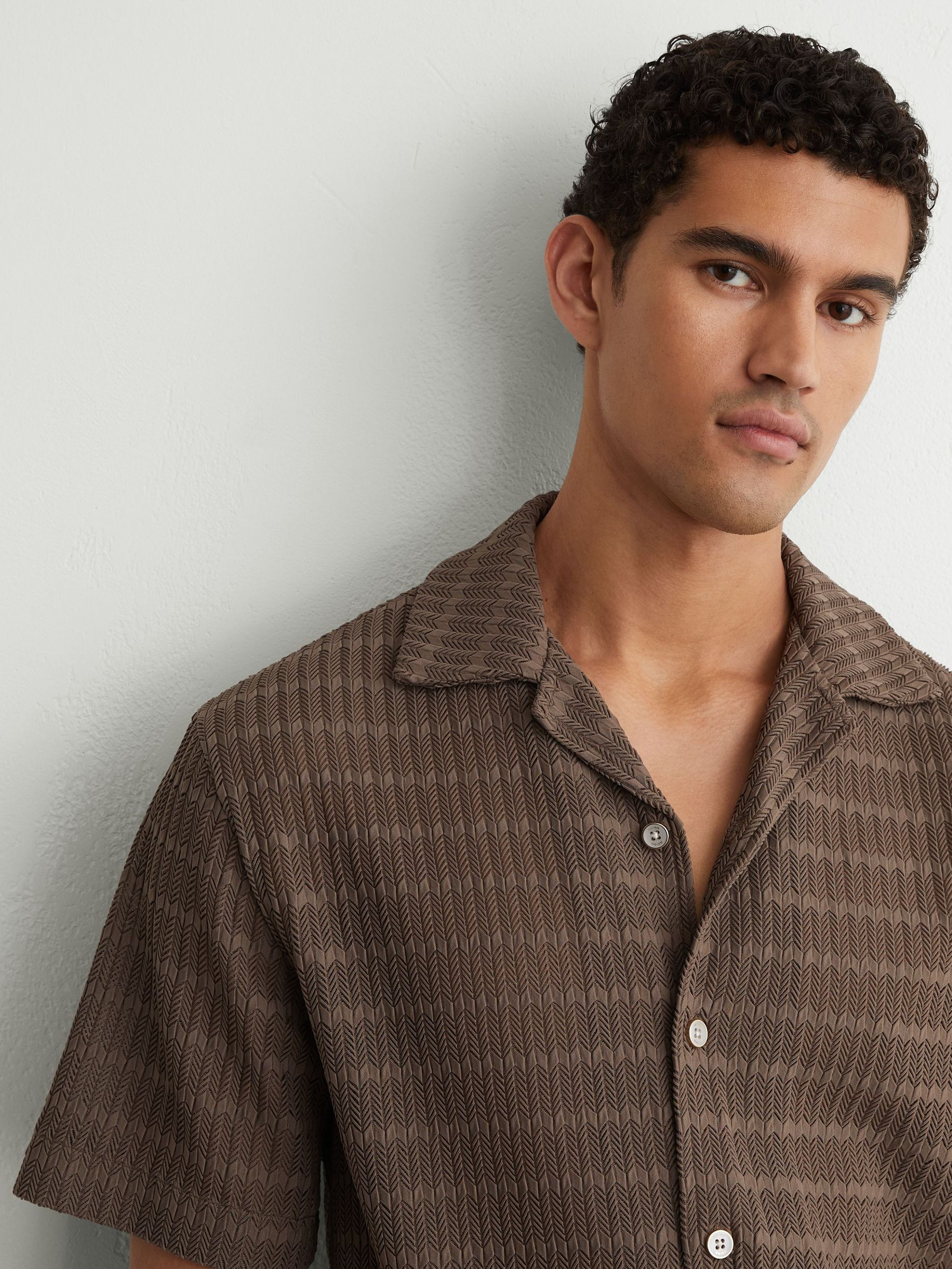 Reiss Chevron-Crochet Cuban-Collar Shirt in Taupe Brown | REISS | Reiss US