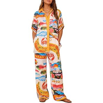 Summer Lounge Set for Women, Graphic Button Down Shirt & Wide Leg Pant Set 2 Piece Outfit for Bea... | Amazon (US)