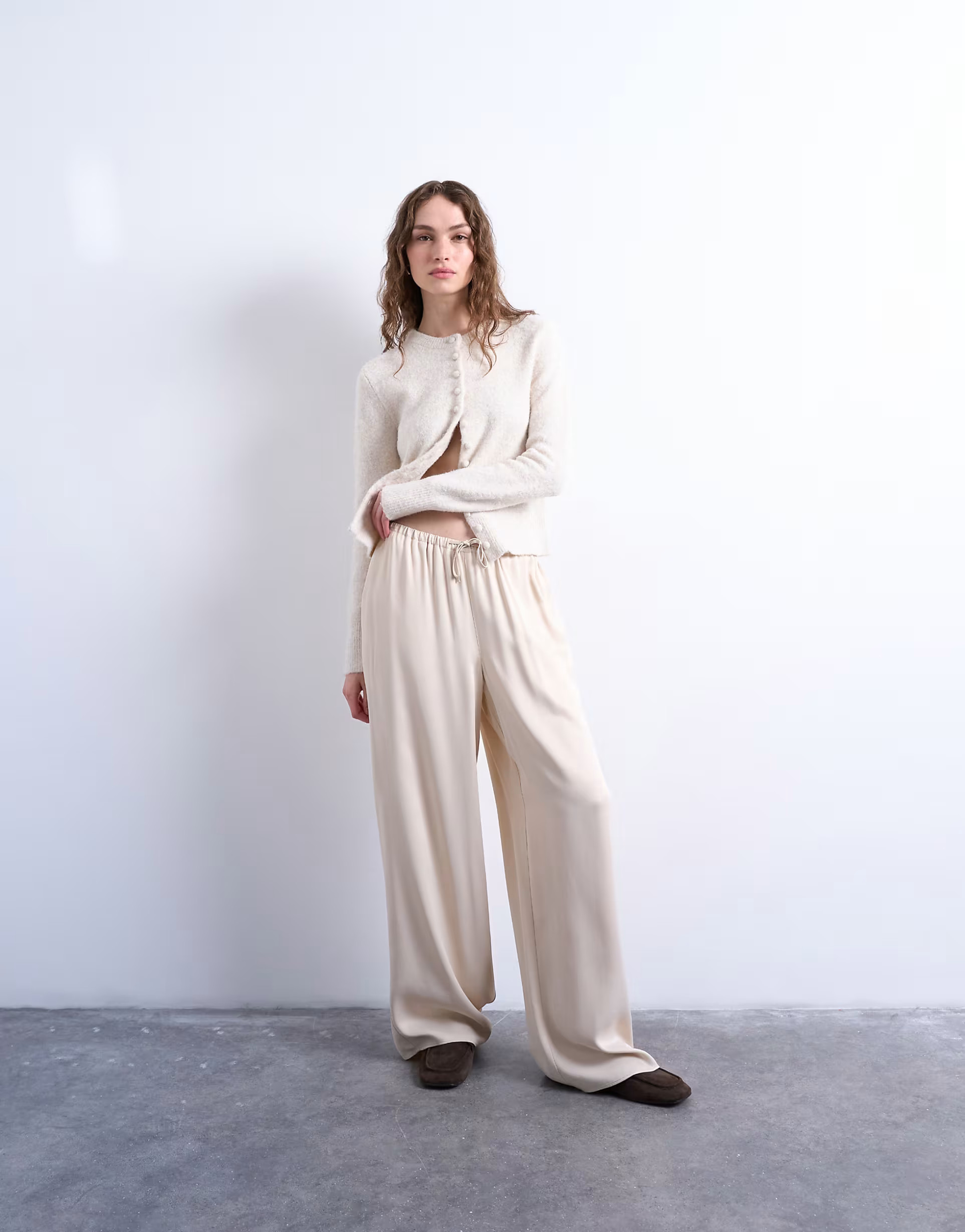 Topshop satin tie waist wide leg trouser in ecru | ASOS | ASOS (Global)