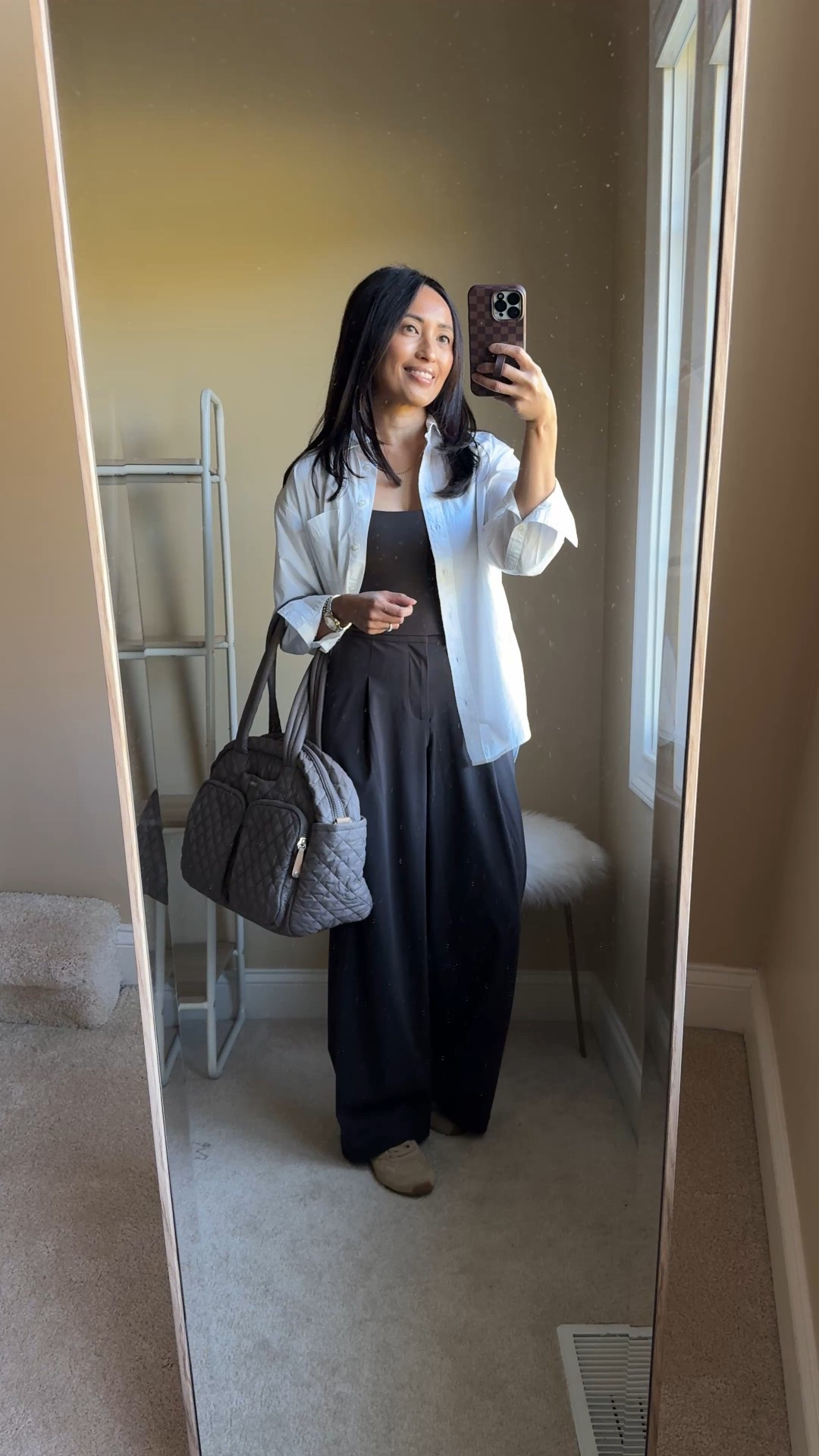 Sporty trousers. Sporty trouser pants. Travel outfit with good travel pants and button down shirt. 
Pants- true to size; I am in regular length at 5’4, could also do petite. 
Bra tank- true to size. 
Oversized button down shirt- true to size. 
Slim profile sneakers  

#LTKOver40 #LTKActive #LTKTravel