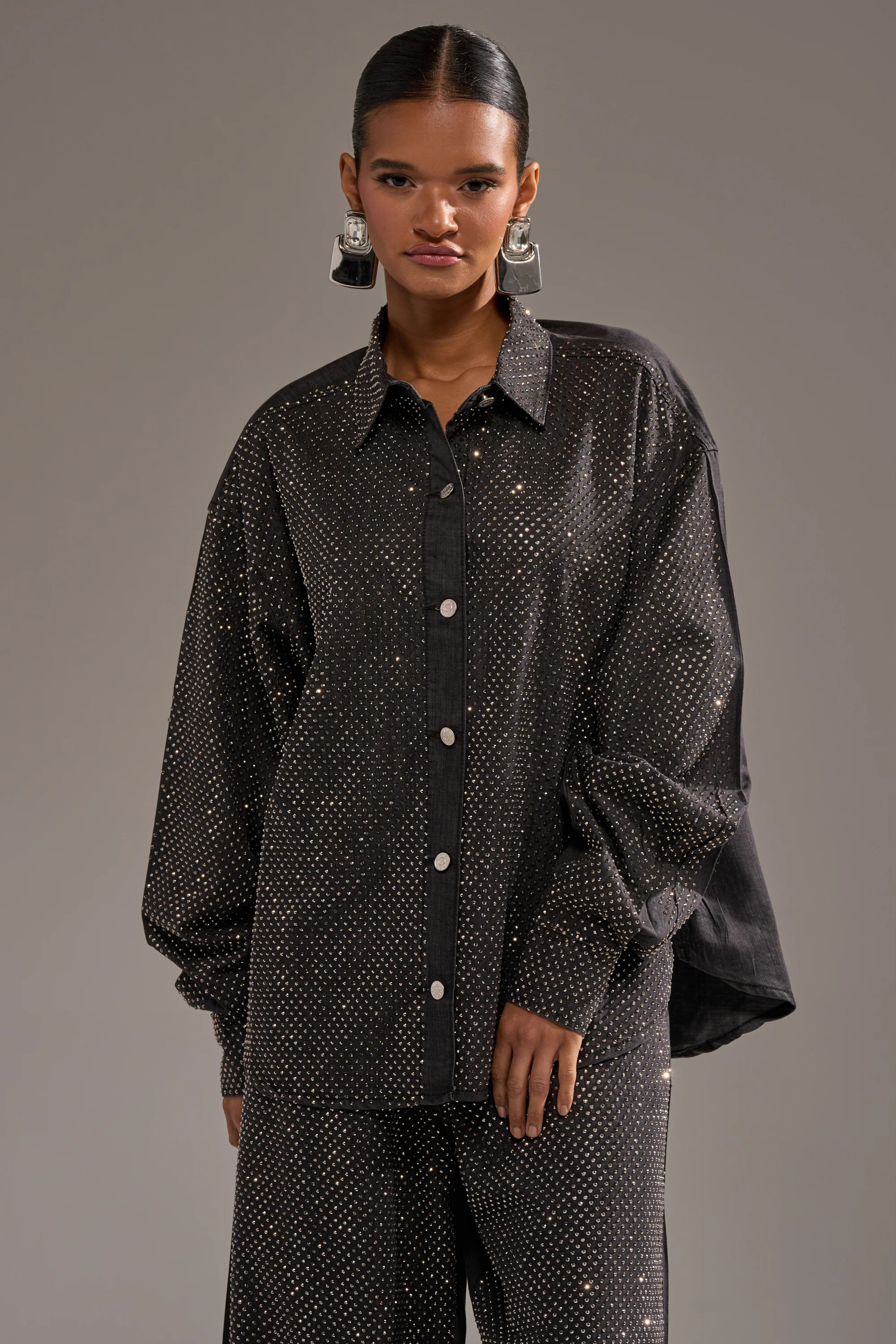 BLING BLING DENIM BUTTON DOWN TOP IN BLACK | AKIRA