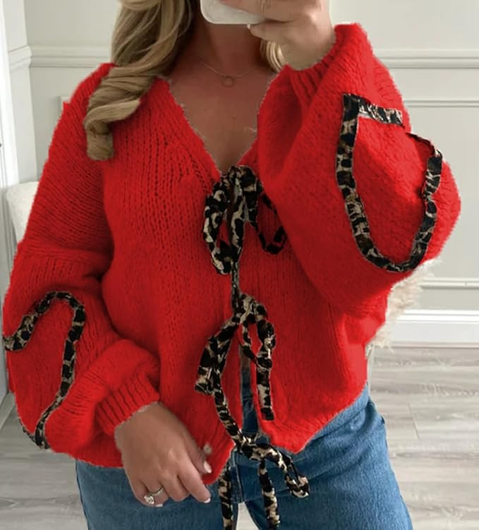 Women’s Tie Knot Leopard Heart Print Knit Cardigan Oversized V Neck Open Front Bandage Sweater ... | Amazon (US)