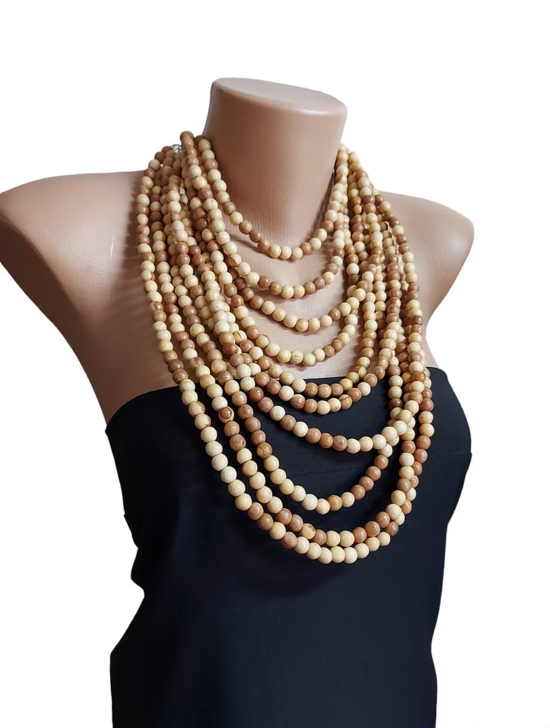 Wooden Multistrand Necklace, Natural Color Wood Beads Necklace, Beaded Necklace, Statement Neckla... | Etsy (AU)