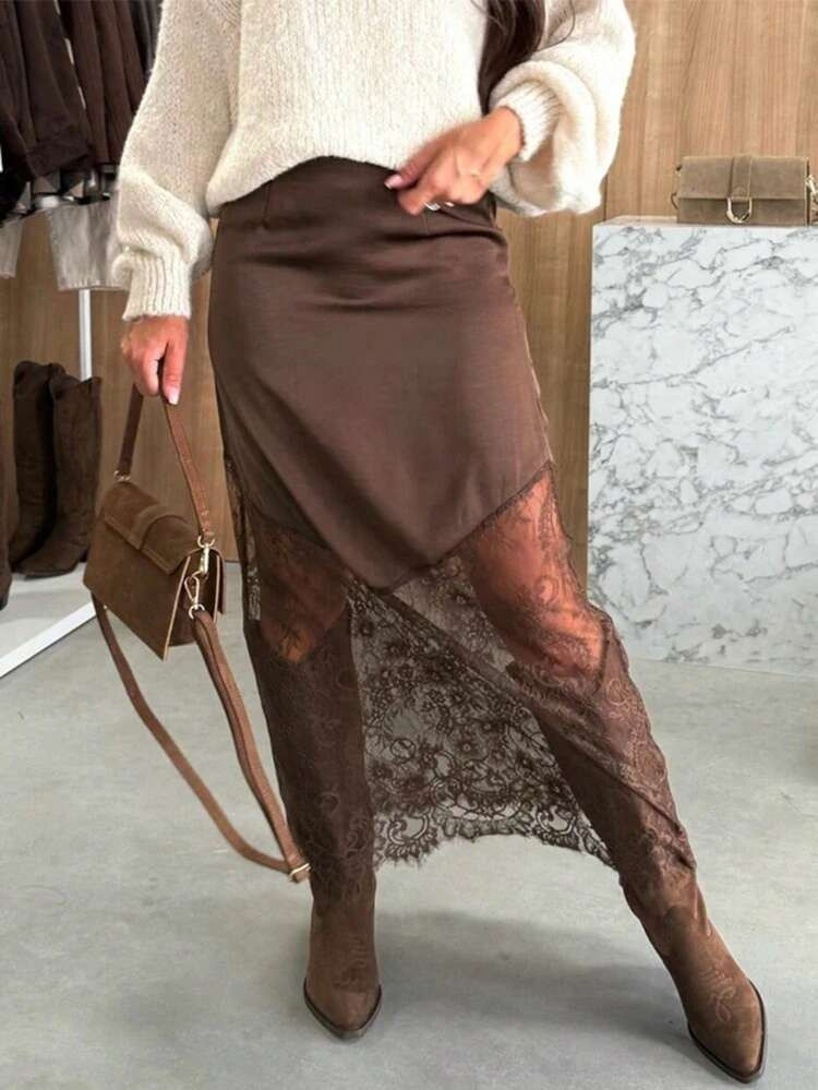 Plus Size Women Elegant Asymmetric Lace Zipper Skirt Spring | SHEIN