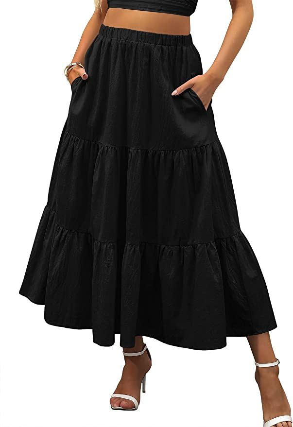 ANRABESS Women’s Summer Boho Elastic Waist Pleated A-Line Flowy Swing Tiered Long Beach Skirt D... | Amazon (US)