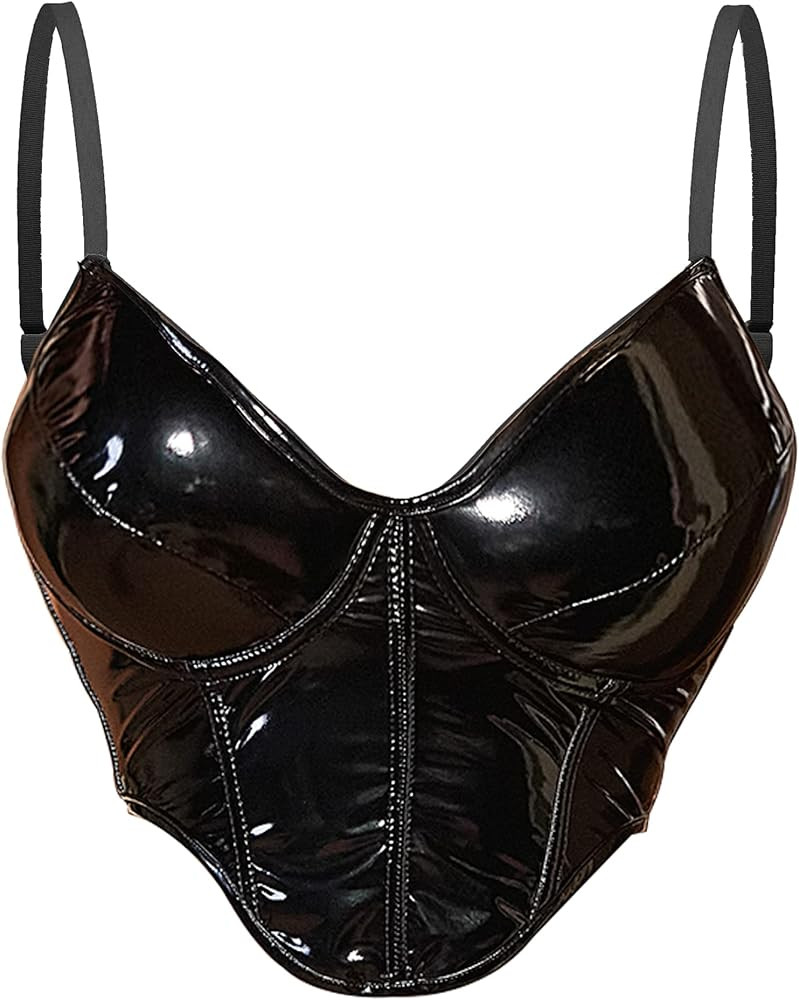 Alivila.Y Fashion Womens Open Back Boned PVC Bustier Zip Back Corset Bodyshaper Crop Top | Amazon (US)