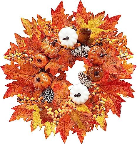 TURNMEON 15" Fall Wreath Thanksgiving Decorations for Front Door with Pumpkins Pinecone Berry Art... | Amazon (US)