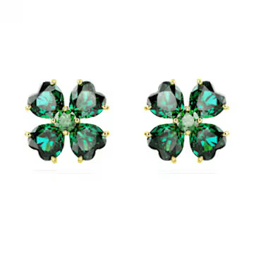 Idyllia stud earrings, Clover, Green, Gold-tone plated by SWAROVSKI | SWAROVSKI