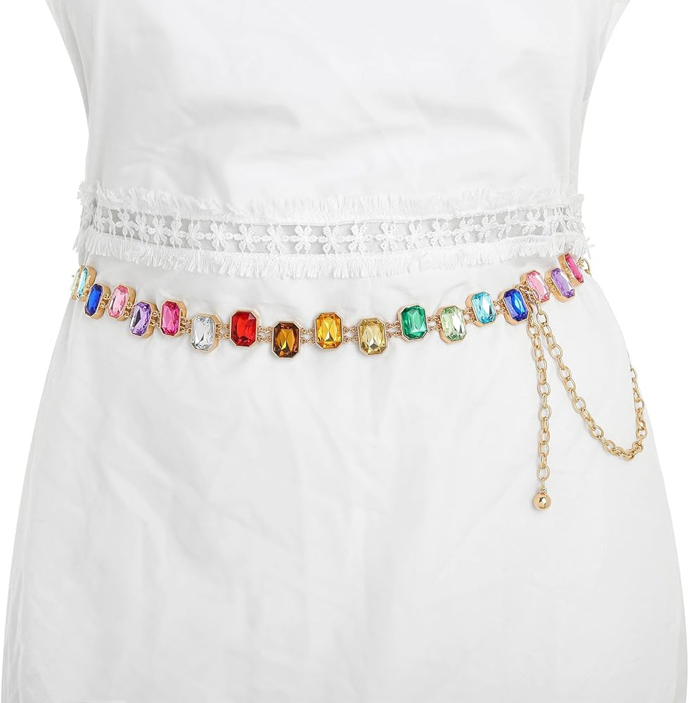 ELABEST Colorful Rhinestone Chain Belt Rainbow Gem Waist Belt Statement Diamond Waist Chains for ... | Amazon (US)