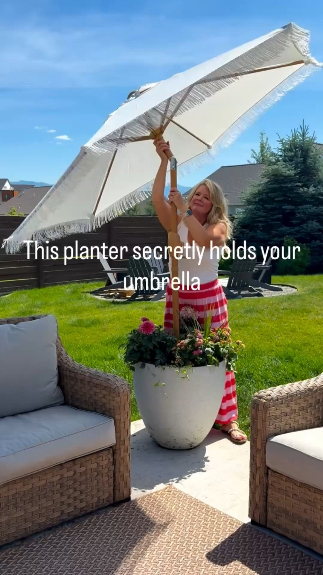 My patio umbrella used to tip over constantly… so I built a planter that secretly holds it in place.

Inside the planter is a hidden bucket with concrete and a PVC pipe in the center. The umbrella slides right in, and the top is finished with soil and flowers so it still looks beautiful.

It’s one of my favorite backyard DIY projects because it solves a real problem and doubles as decor.

You can also use the same idea to hold patio lights.

If you want a pretty patio without chasing umbrellas across the yard… this one’s worth trying. 

Design Notes: I used 1.5" PVC for the umbrella and 2" PVC with 2" x 2"x 9' for the patio lights. I also drilled three-quarter inch drainage holes in the bottom of the planter.

#LTKSeasonal #LTKSpringSale #LTKHome