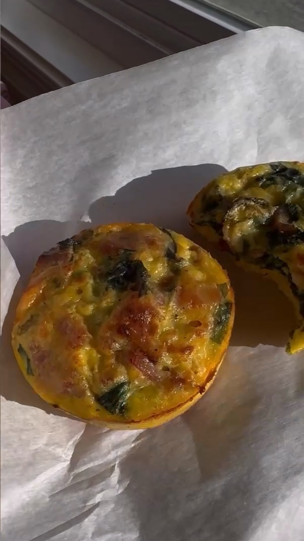 Egg bites RECIPE HERE
Ingredients:

1 pack bacon (diced and sautéed)
10 eggs
2 cups chopped fresh spinach (or 1/2 cup frozen/thawed spinach) 
2 cups cottage cheese
1 can diced green chiles 
1.5 cup shredded Colby Jack 
1 tsp baking powder 
1tsp+ pepper 
*no need to add salt* (the bacon and other ingredients provide plenty of flavor) 

Recipe:
Preheat oven 375 degrees.
Combine eggs, cooked bacon, baking powder, & cottage cheese in a blender and pulse for a few seconds (can also just combine all of these in a mixing bowl). In mixing bowl, add blended mix w/  cooked spinach, green chiles & shredded cheese. Grease muffin pan (I love the silicone ones) fill each cup just over 1/2 full. I use reg size muffin pan for mine and the mini muffin pan for Presley’s so they’re bite size
Bake 15-20 mins/until the tops start to get golden & then let them rest/cool before you remove them from pan. Enjoy!

#LTKfindsunder50 #LTKkids #LTKfamily