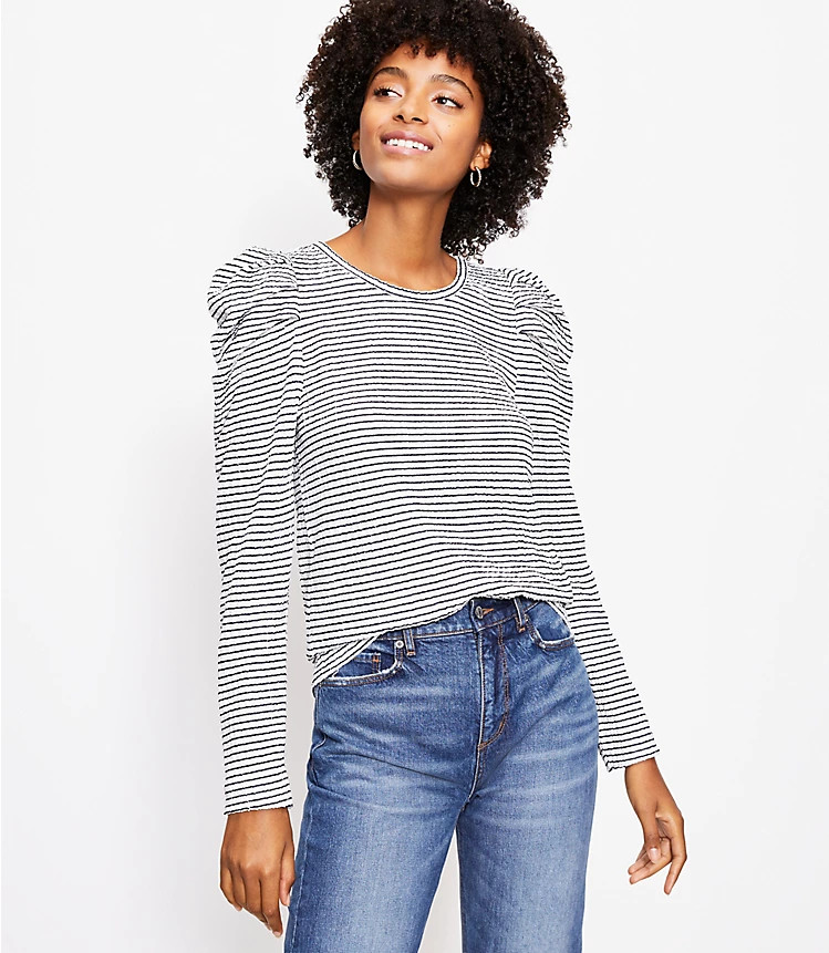 Striped Pleated Puff Sleeve Top | LOFT
