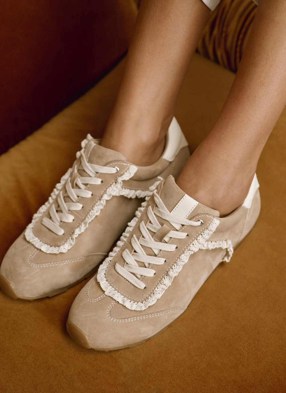 Lina Neutral Suede Lace Detail Trainers | Mint Velvet