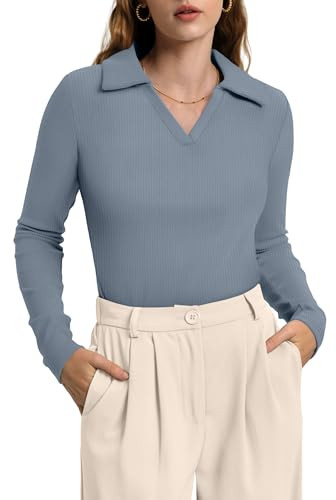 WIHOLL Womens Polo Shirts Long Sleeve Business Casual Tops Collared V Neck Ribbed Knit Sweater Sl... | Amazon (US)