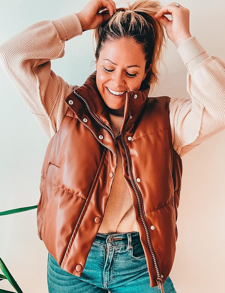 UANEO Womens PU Leather Cropped Puffer Vest Winter Faux Leather Zip Up Sleeveless Jacket | Amazon (US)