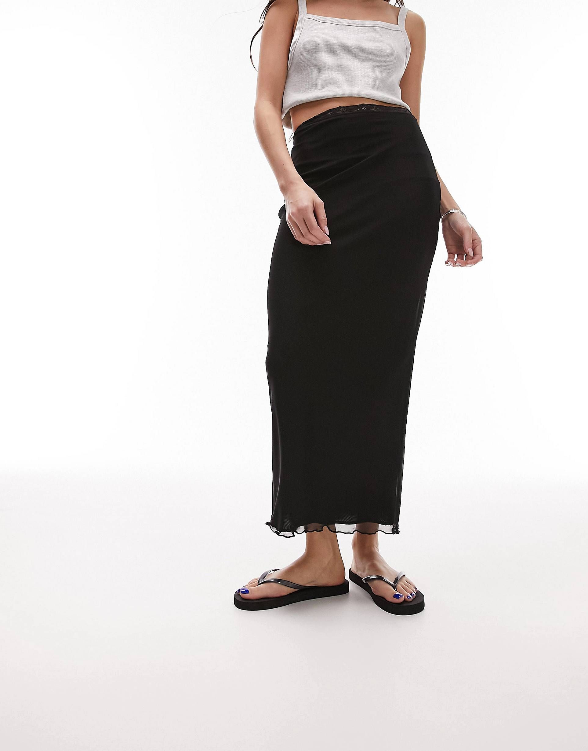 Topshop mesh lace trim midi skirt in black | ASOS (Global)