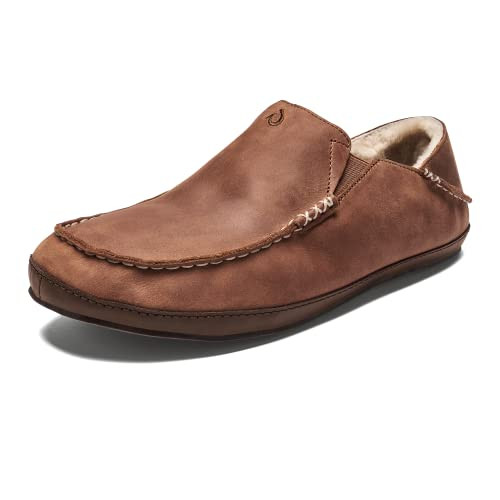 OLUKAI Moloa Slipper Men's Slippers, Premium Nubuck Leather Slip On Shoes, Shearling Lining & Gel Insert, Drop-In Heel Design, Toffee/Dk Wood, 8 | Amazon (US)