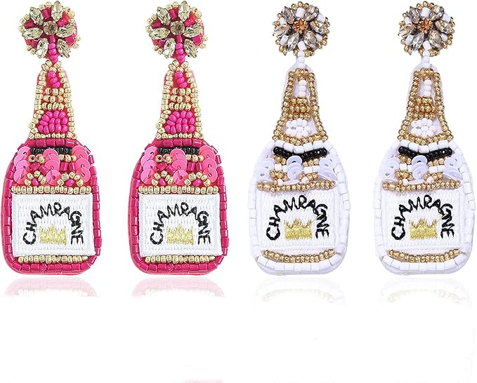 2 Pair Champagne Bottle Beaded Statement Earrings Colorful Summer Fun Drop Dangle Earrings for Wo... | Amazon (US)