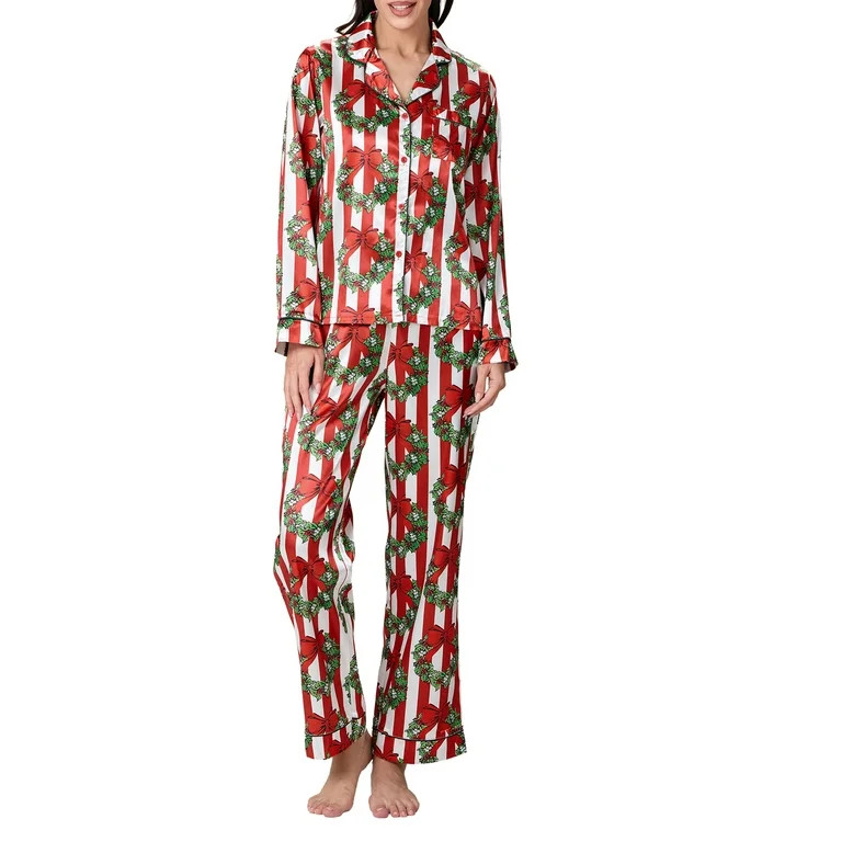 Bmnmsl Women’s 2 Piece Christmas Pajama Set Long Sleeve Bow Stripes Print Button Up Shirt + Pan... | Walmart (US)