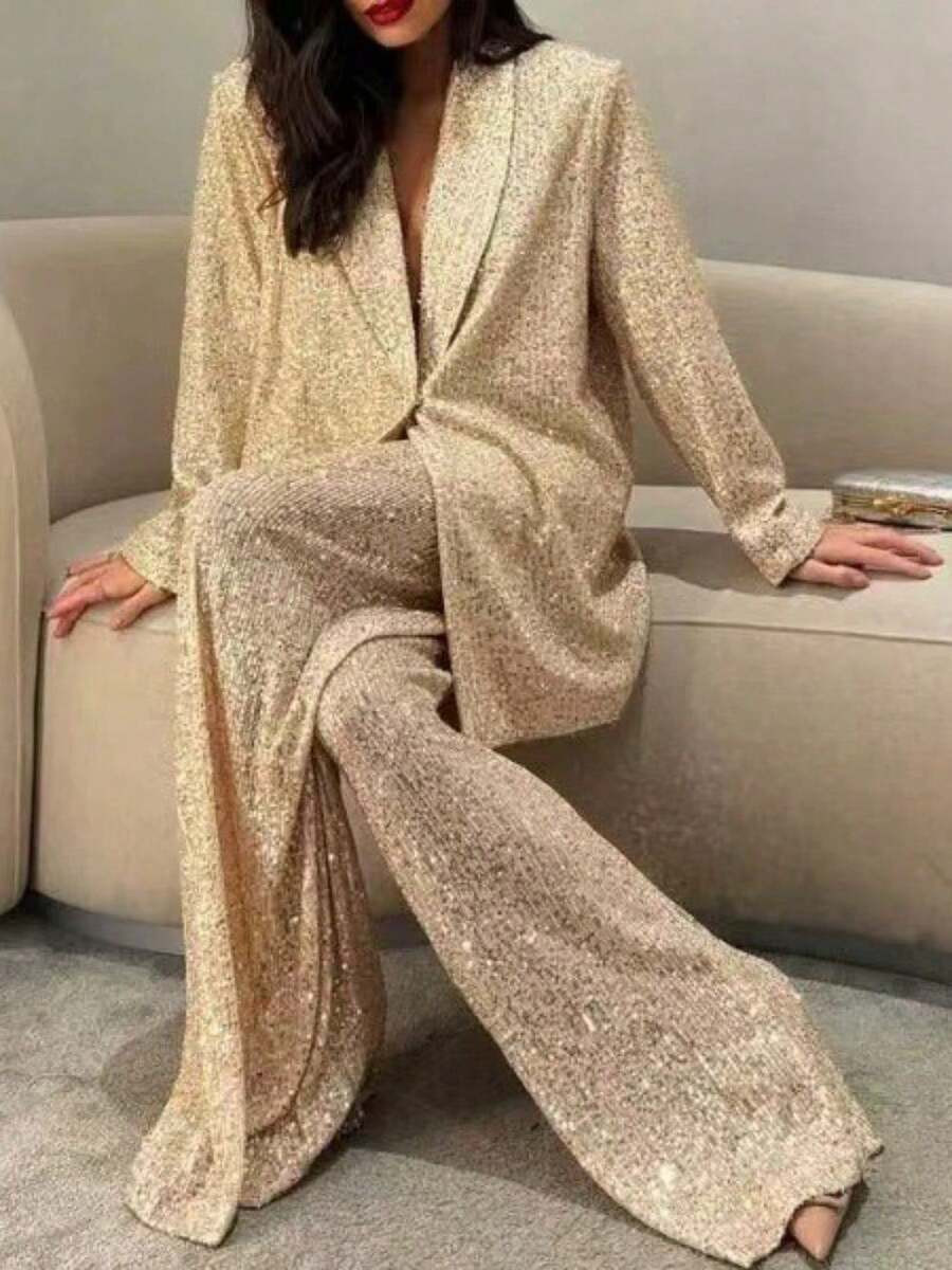 Premium Champagne Gold Sequined Suit Suit Women's New Light Luxury Flash Suit Wide-Leg Pants Two-Piece Banquet Dress Fashion Beaded Suit Jacket Temperament Commuter One-Button Suit | SHEIN