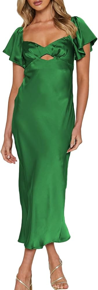 Summer Satin Flutter Sleeve Wedding Guest Dresses for Women Sweetheart Neckline Cutout Tie Back M... | Amazon (US)