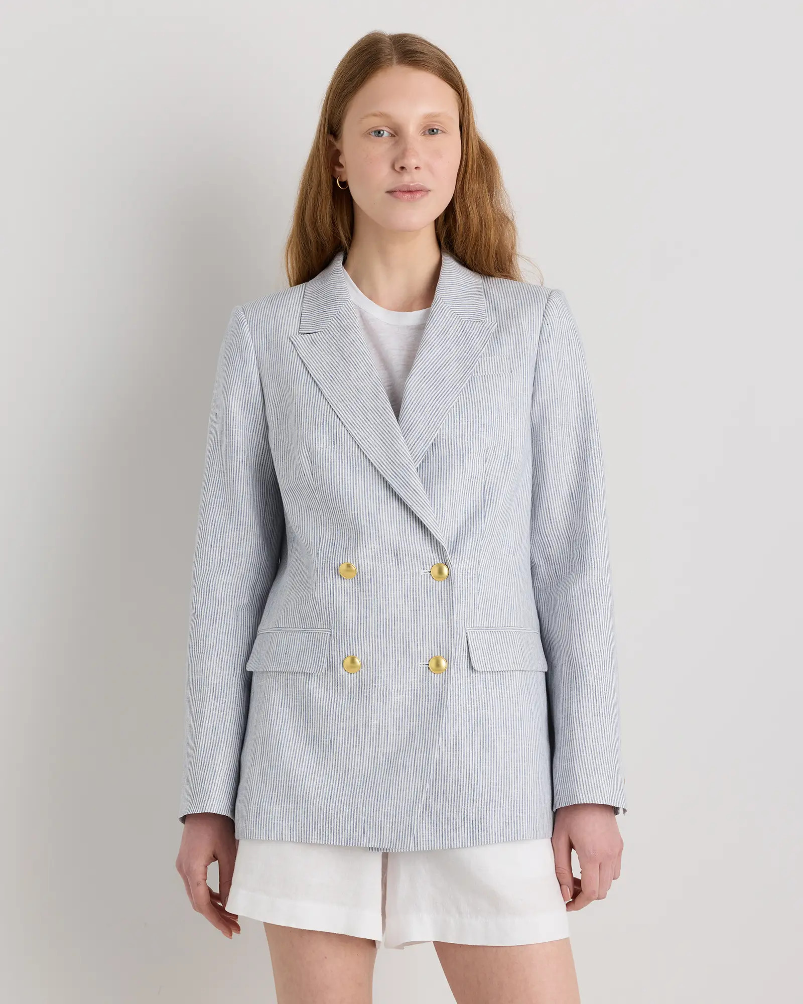100% European Linen Relaxed Double-Breasted Blazer in Blue Pinstripe | Quince