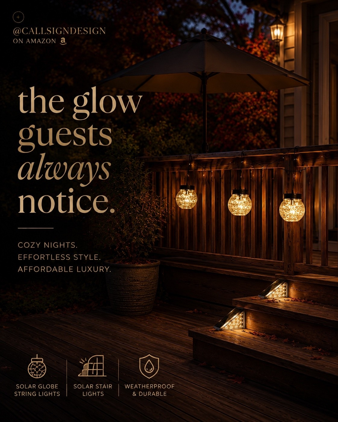 Outdoor lighting is one of the easiest ways to make your home feel instantly more expensive after dark. Warm solar globe lights and subtle stair lighting create that soft, layered glow that makes patios and decks feel intimate, polished, and ready for fall evenings. These Amazon finds bring the atmosphere without the hardwiring or designer price tag.

#AmazonFinds #OutdoorLighting #PatioDecor #DeckIdeas #FallNights #CozyOutdoorSpace #LuxuryForLess #AmazonHome #SolarLights #OutdoorLiving #BackyardInspo #DesignerLookForLess #WarmLighting #FallDecor #callsigndesign
