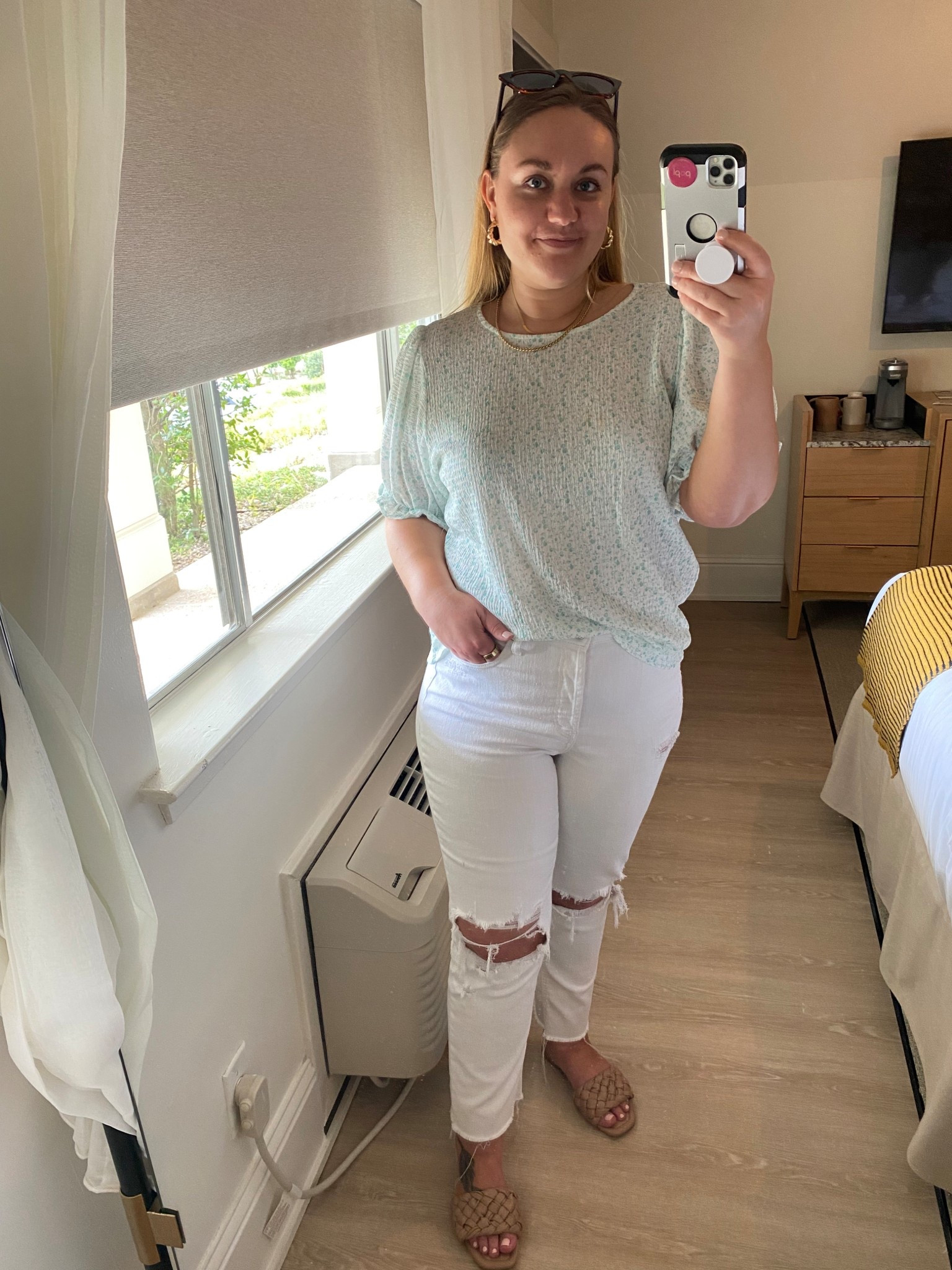 Spring outfit, Spring style, floral top, Amazon top, tan sandals, tan gold necklaces, gold jewelry, braided sandals

#LTKMidsize #LTKTravel #LTKFindsUnder50