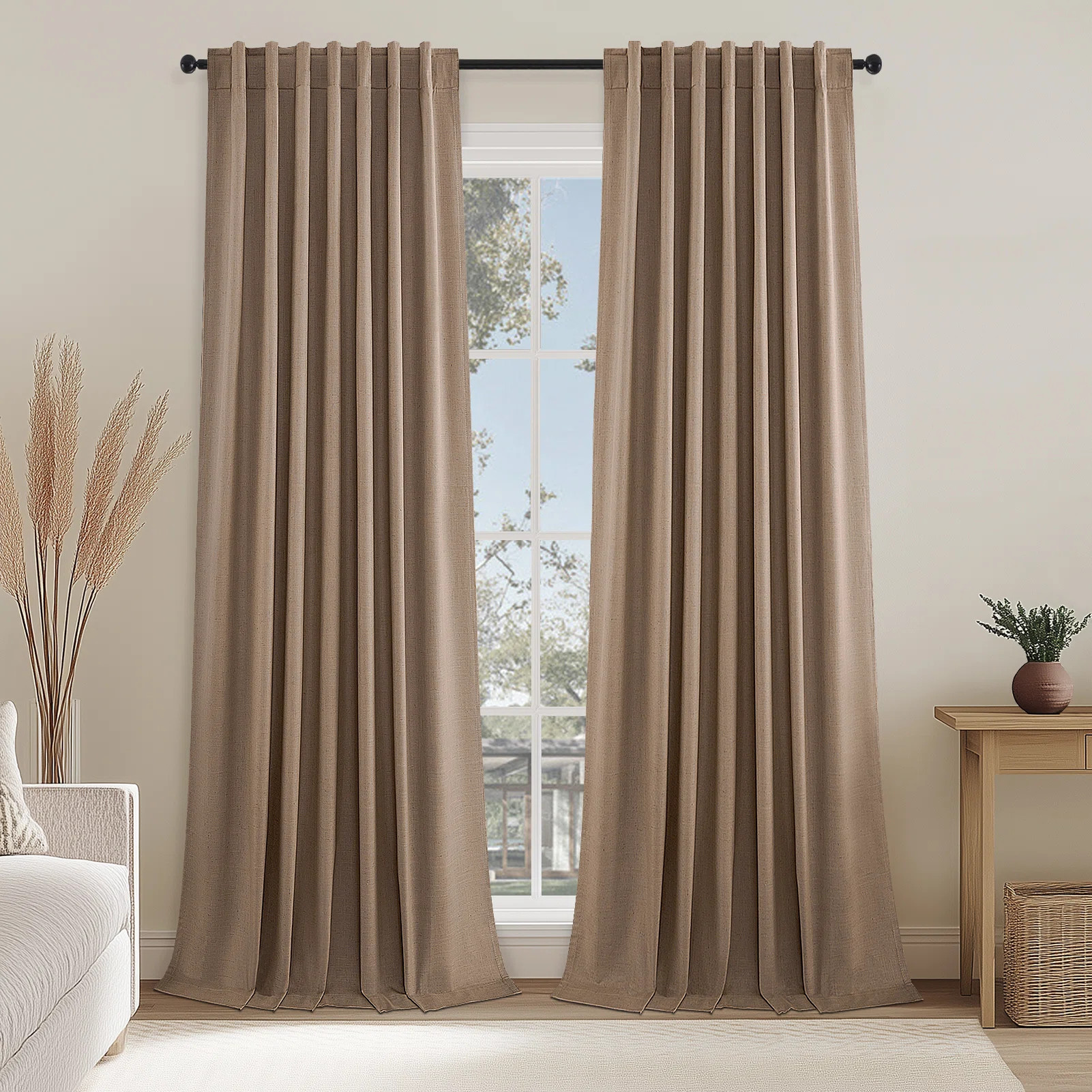 100% Blackout Thermal Insulated Linen Drapes,Back Tab Hooks Drapes (Set of 2,With Hooks) (Set of ... | Wayfair North America