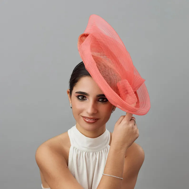 Coral wedding hat for woman - Veil Kentucky derby hat - Royal Ascot hat coral - veil tea party ha... | Etsy (US)