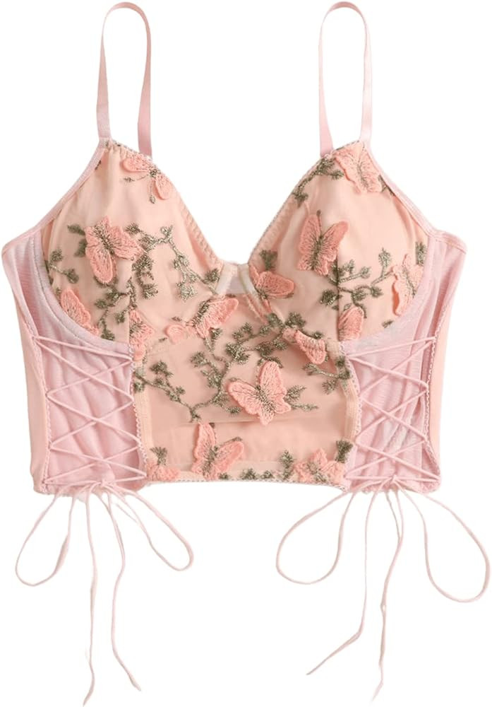 SweatyRocks Women's Embroidery Lace Up Crop Cami Top Spaghetti Strap Fitted Camisole Crop Tops | Amazon (US)