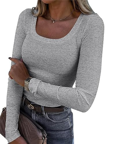 Roselux Womens Long Sleeve Scoop Neck Ribbed Knit Fitted Casual Tops Tee Slim Basic Shirts(3924,Grey-S) | Amazon (US)