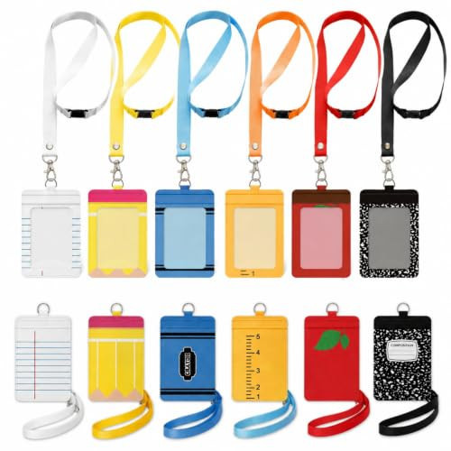 Harloon 6 Pcs Teacher ID Badge Holder with Lanyard Back to School Teacher Gifts Bulk PU Cute Composition Notebook Pencil Crayon Apple ID Badge Holder for First Day of School Stuff Office Gifts Decor | Amazon (US)