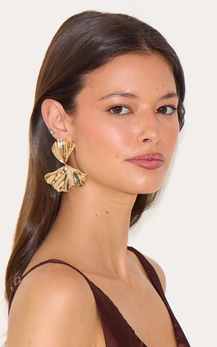 Gold Pleated Twist Statement Earrings | PrettyLittleThing US
