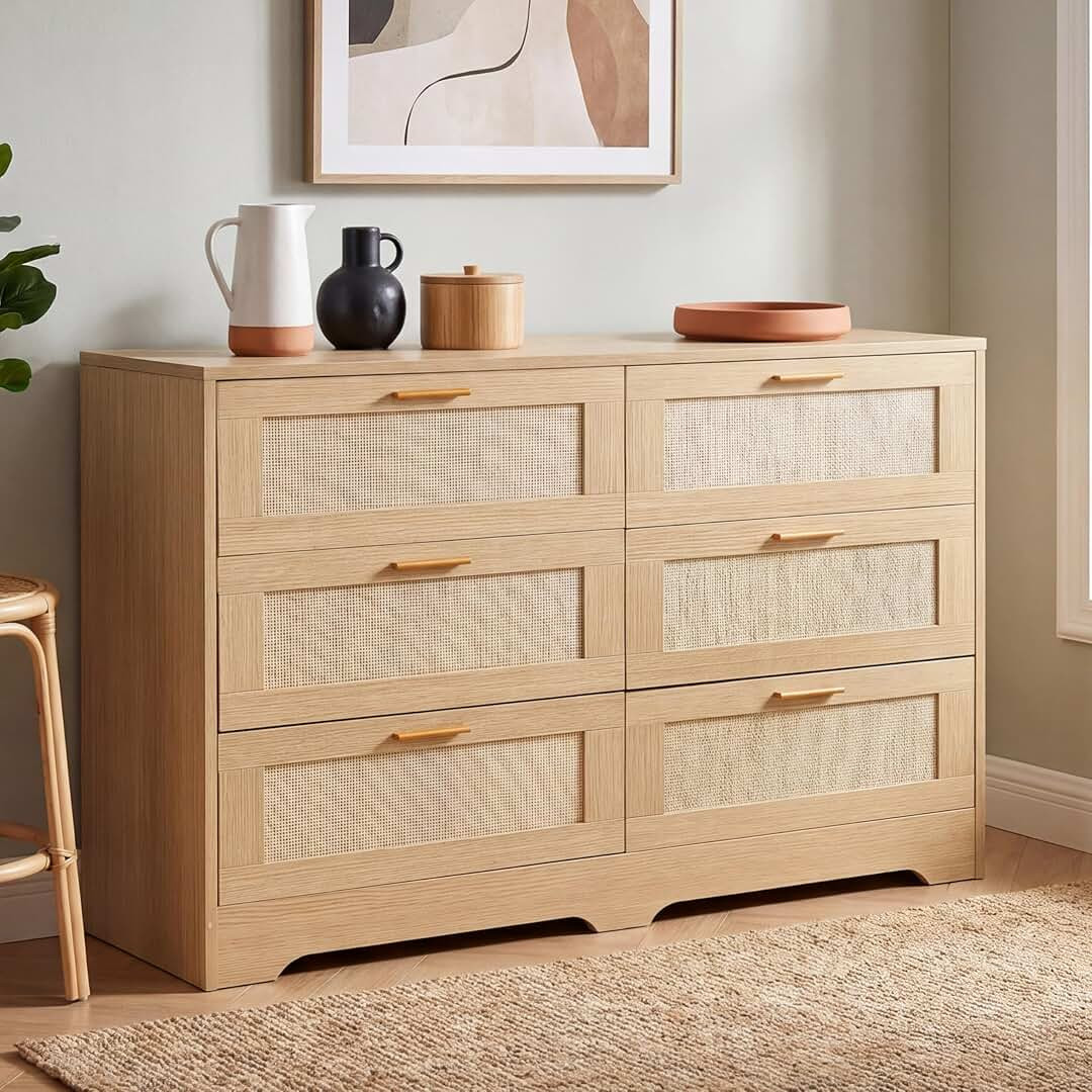 Dresser for Bedroom 6 Drawer Dresser Bedroom Furniture Storage for Bedroom Living Room Hallway, High Weight Capacity 300lbs, Imitation Rattan Weave with Gold Handles | Amazon (US)