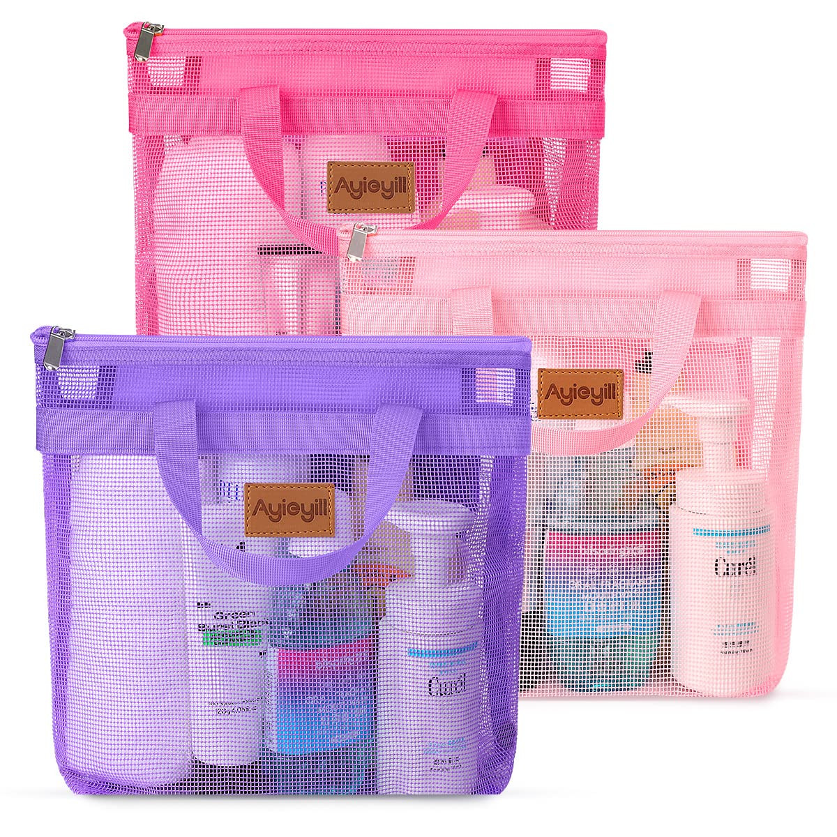 3 Pcs Portable Mesh Shower Caddy Tote, Quick Dry Tote Bag Mesh Beach Bags for Women, Hanging Toiletry and Bath Organizer for Travel Swimming Sports Gym Camp Shopping College Dorms (Pink Purple Rose) | Amazon (US)