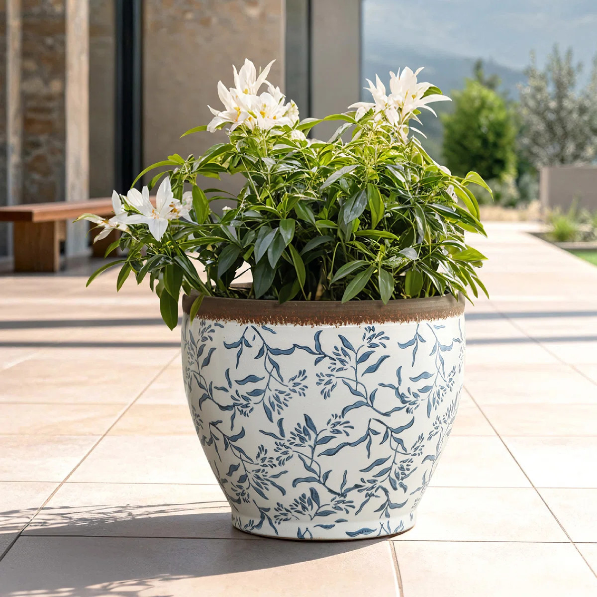 15.2'' Dia Blue and White Round Planter Pot with Floral Pattern, Large Ceramic Pot with Drainage | Wayfair North America
