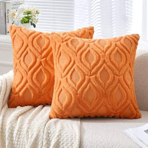 MIULEE Bright Orange Fall Throw Pillow Covers 20x20 Inch, Soft Plush Faux Wool Solid Couch Pillows Set of 2, Decorative Farmhouse Boho Cushion Covers for Sofa Living Room Bed Home Decor | Amazon (US)