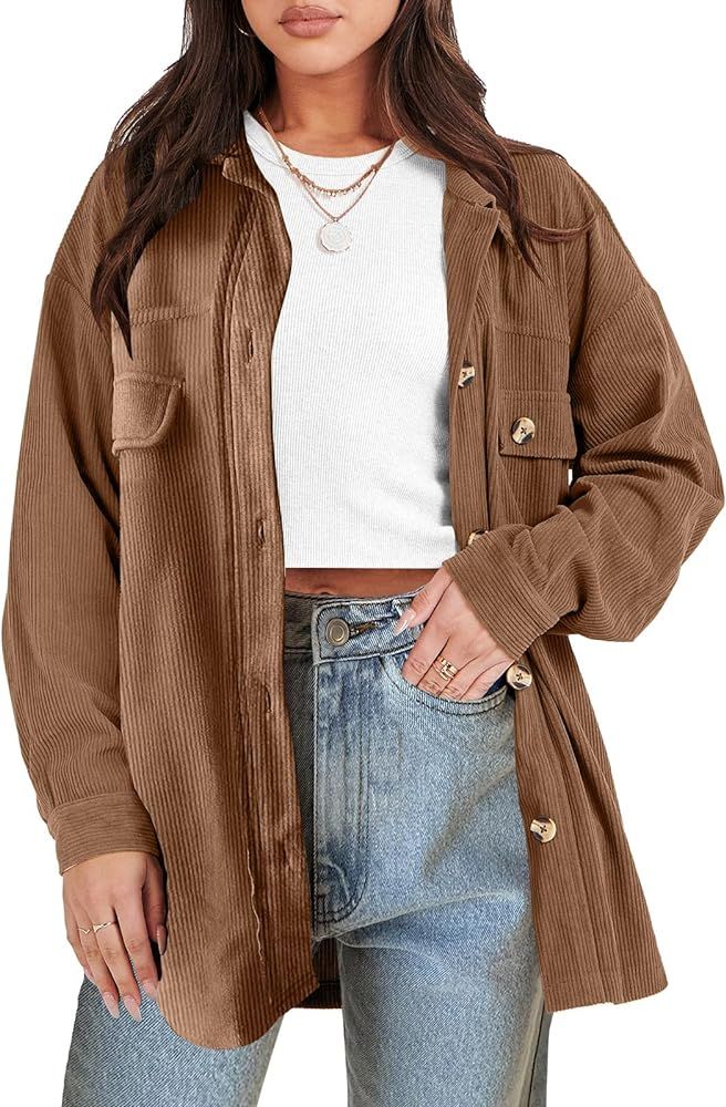 ANRABESS Womens Corduroy Shacket Oversized Long Sleeve Button Down Shirts 2023 Fall Cardigan Jac... | Amazon (US)