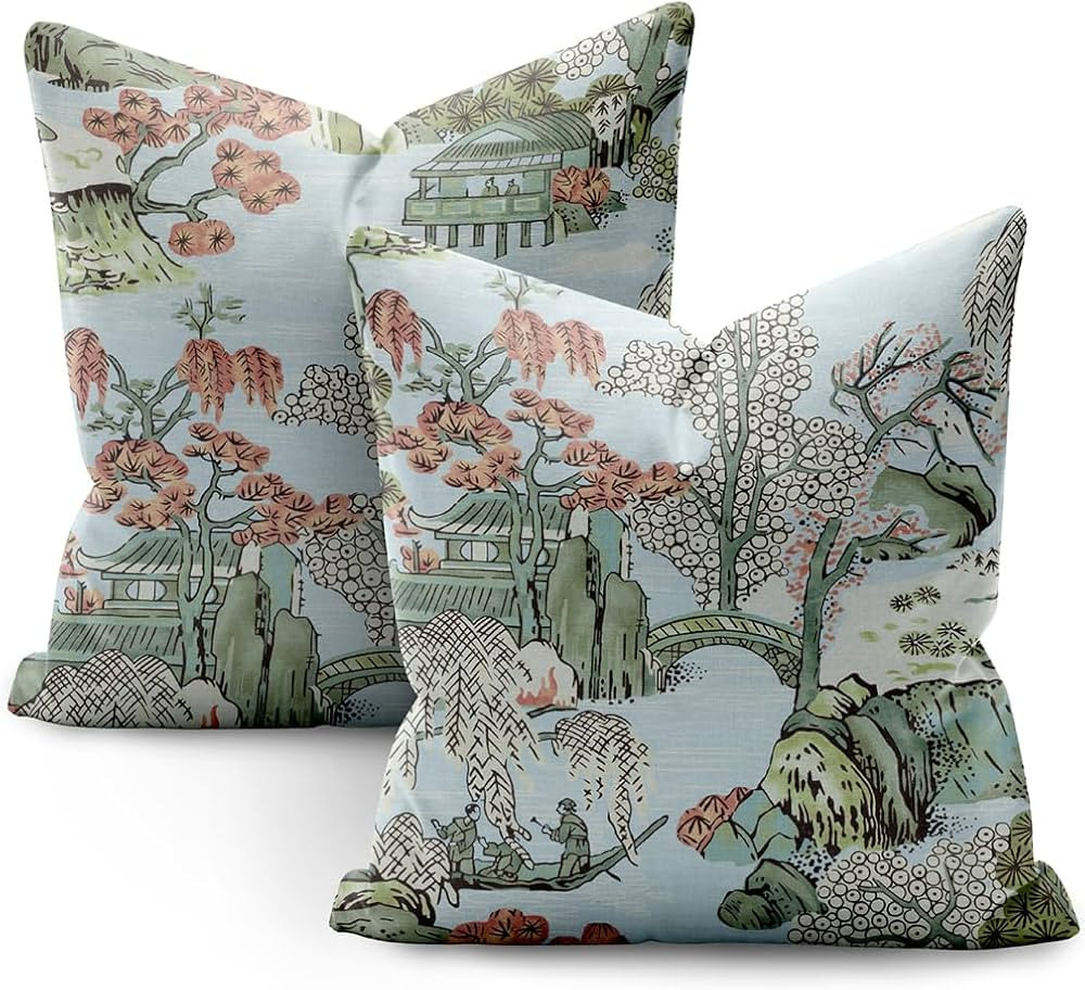 Amazon.com: HUBUYTEFE Chinoiserie Blue Pink Green Pillow Covers 18x18 Set of 2,Blue and White Pil... | Amazon (US)