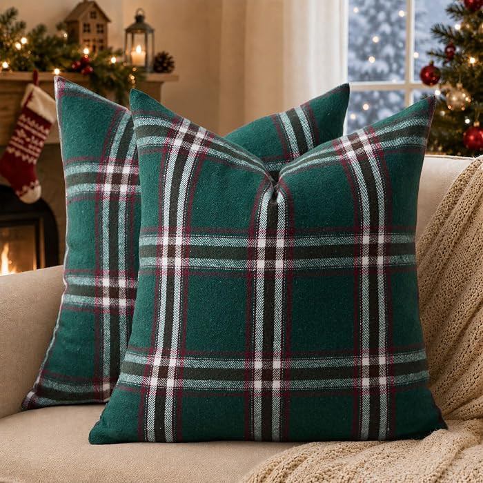 Plaid Pillow Covers 18x18 2Pcs Green Farmhouse Decor GZ01C18 | Amazon (US)