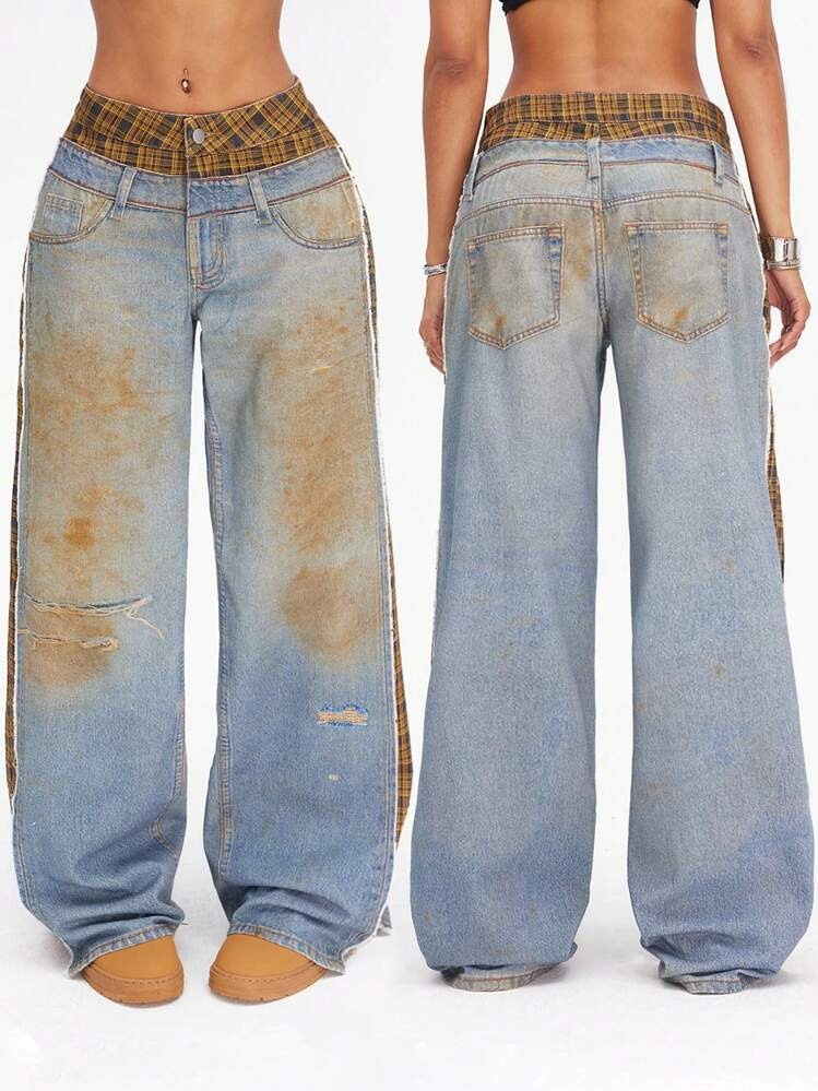 SHEIN ICON American Streetwear Patchwork Women Straight Leg Jeans | SHEIN