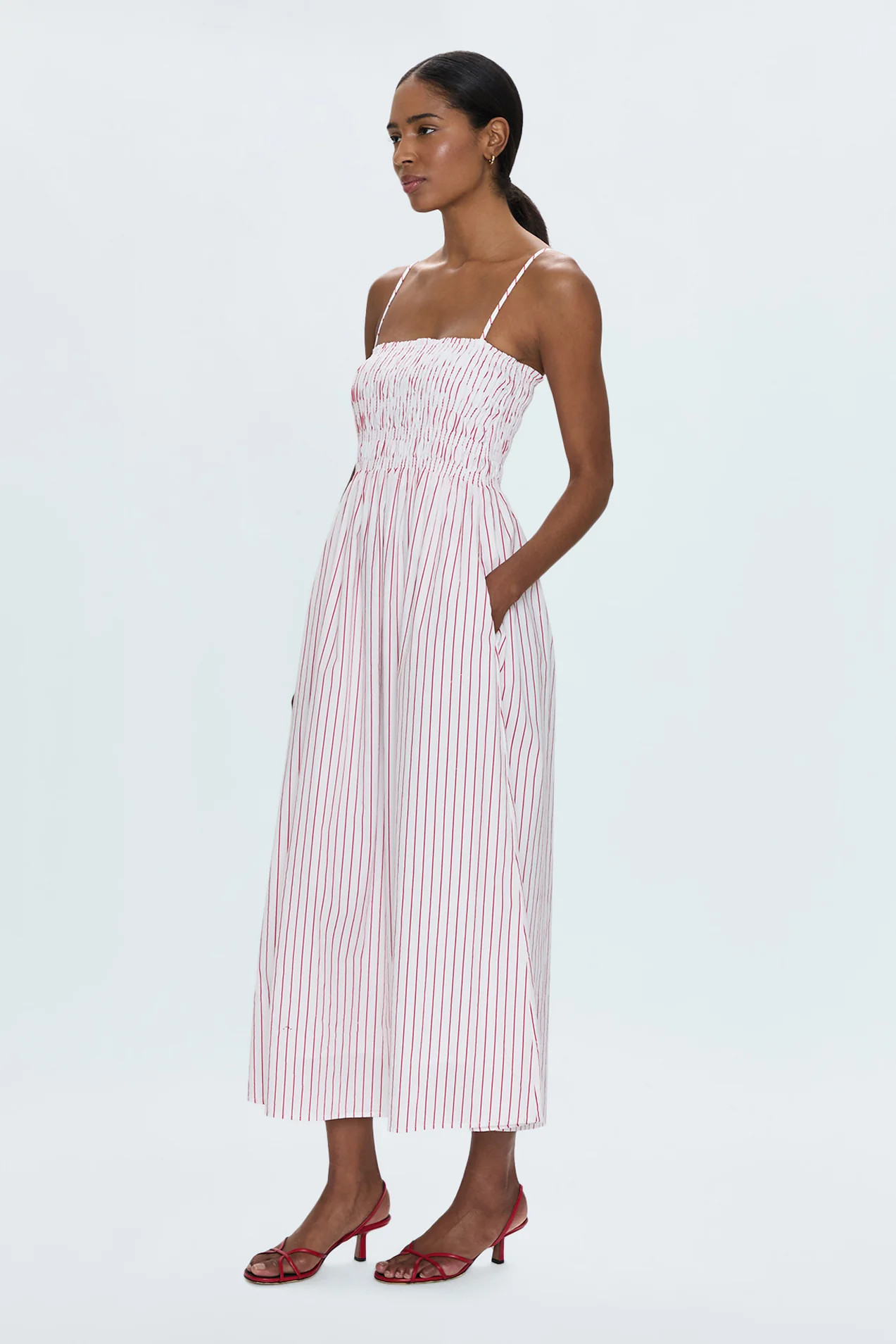 Bianca Shirred Bodice Dress - Ruby Stripe | Pistola Denim
